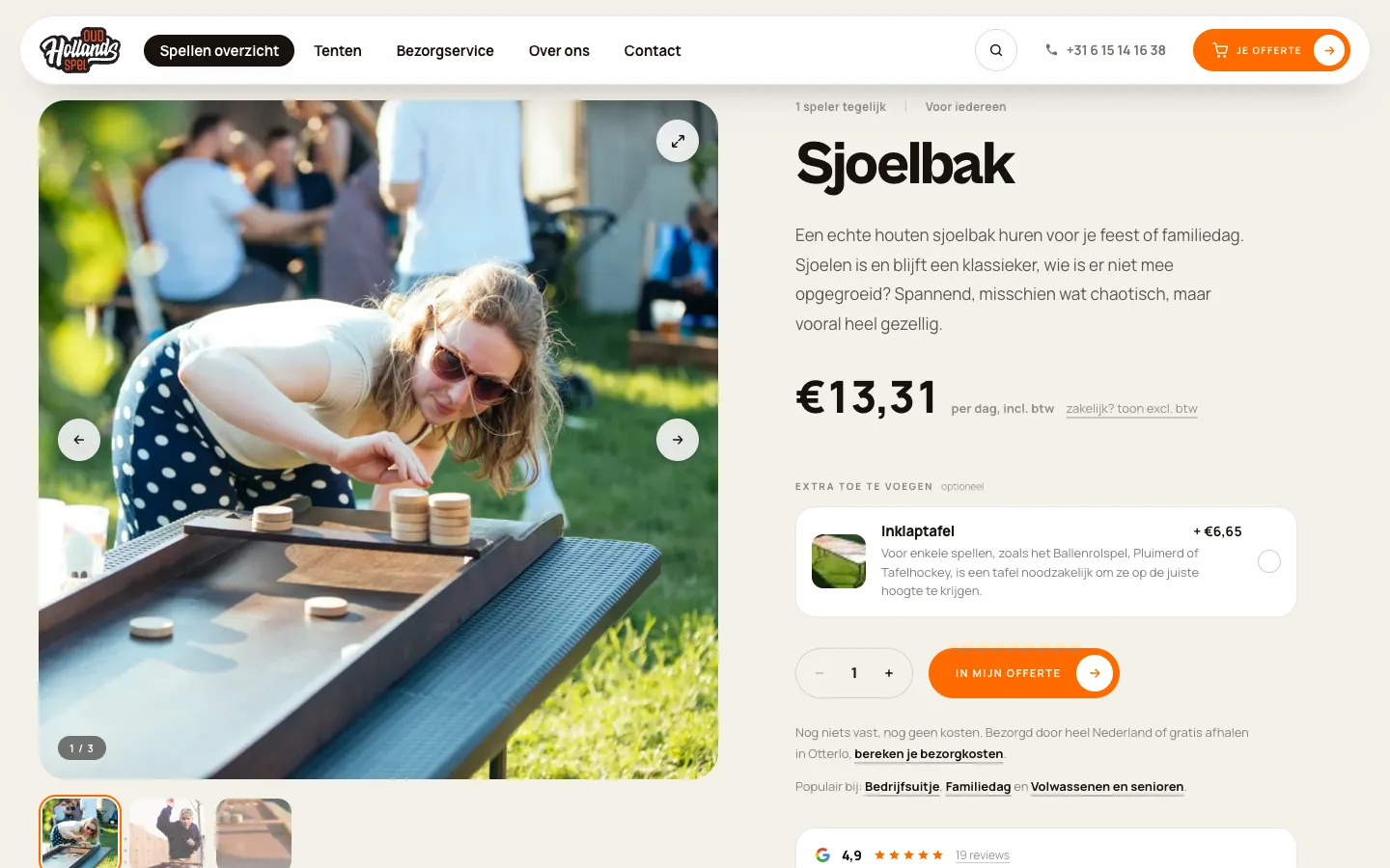 Spelpagina van de sjoelbak met foto, prijs per dag en de knop In mijn offerte