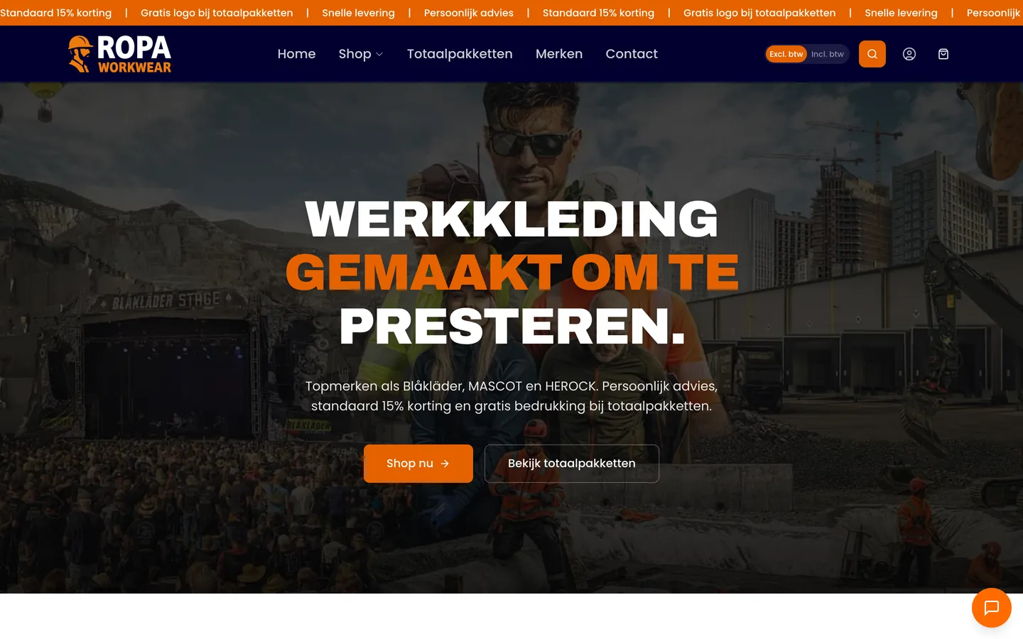 Homepage van RoPa Workwear met werkkleding voor bedrijven