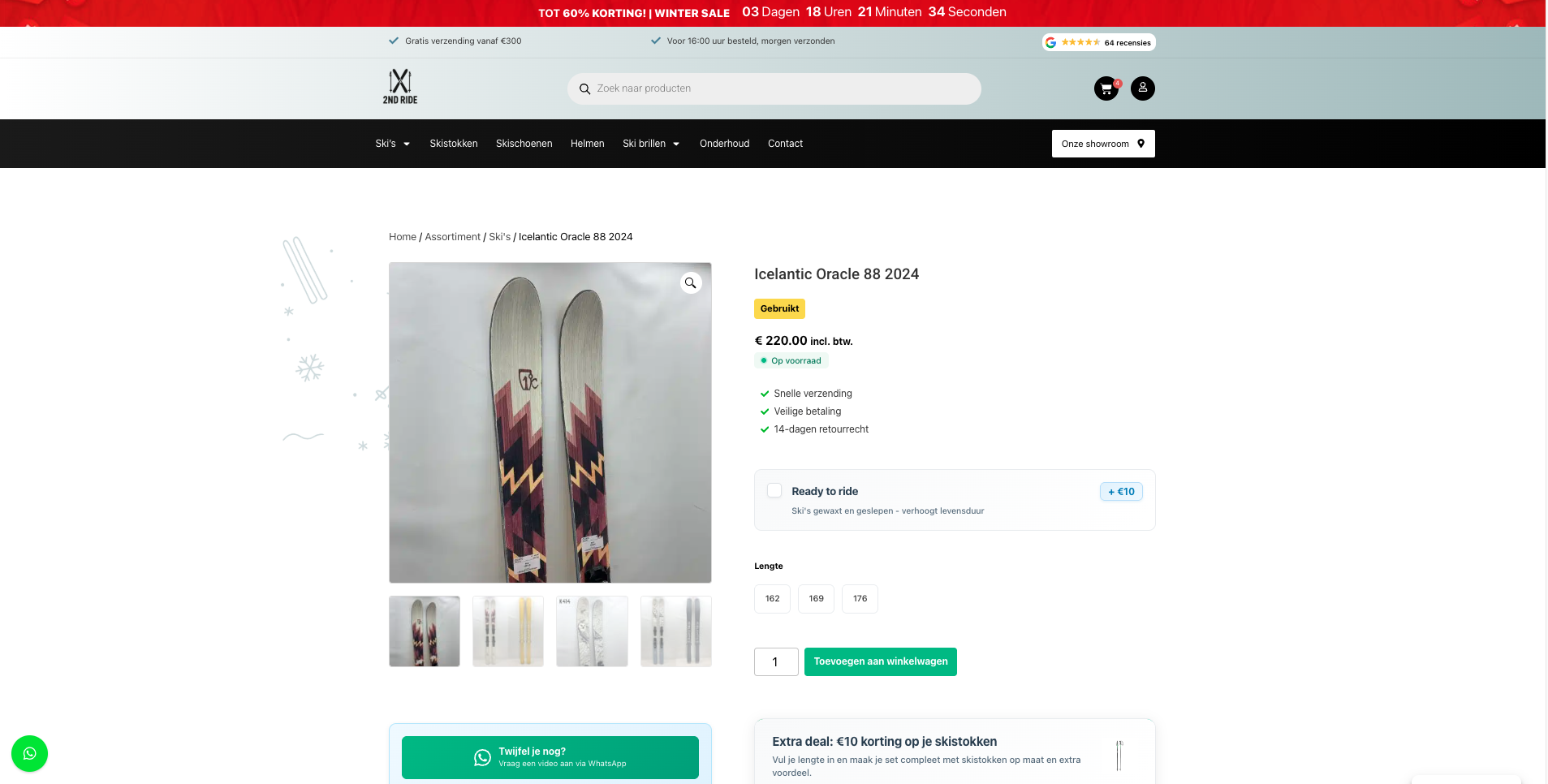 Productoverzicht van TweedeHandsSkies.nl met tweedehands ski’s en filters op lengte, merk en niveau