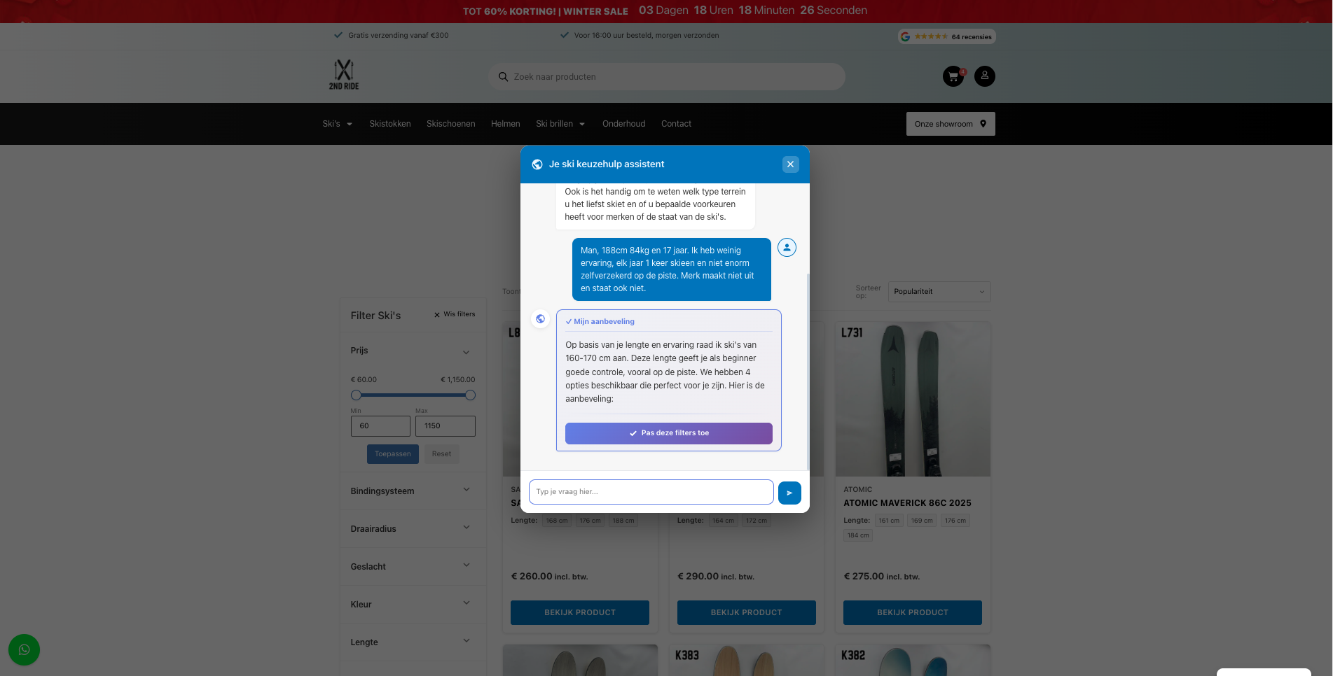 AI-skiadviseur van TweedeHandsSkies.nl in gesprek met een klant over lengte, niveau en rijstijl
