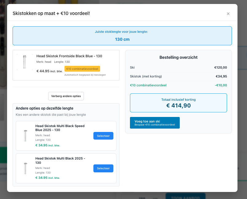 Advies voor skistokken met een automatisch berekende lengte en een knop om ze aan de winkelwagen toe te voegen