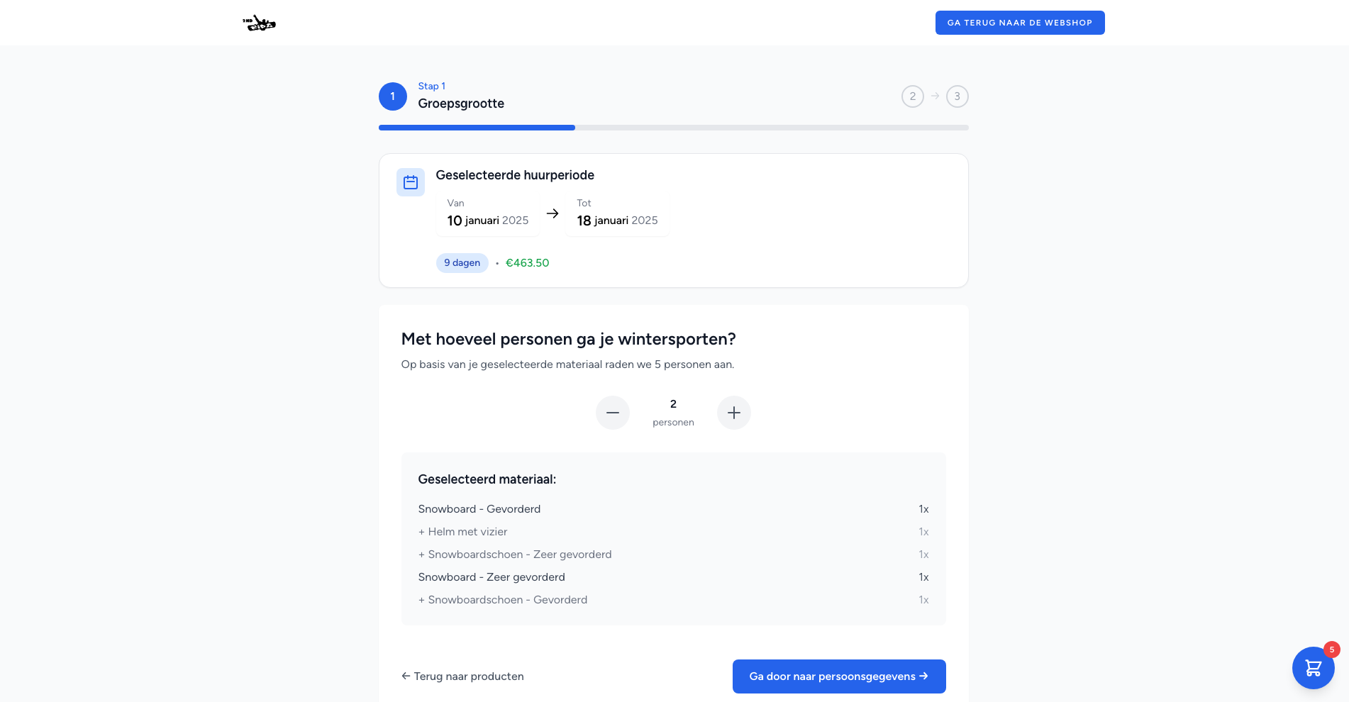 Groepsindeling in het verhuursysteem van 2nd Ride met maten per persoon
