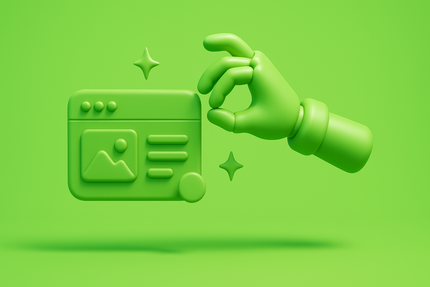 3D-illustratie van een hand die met AI een website in elkaar zet: een browservenster met fonkelende sterren