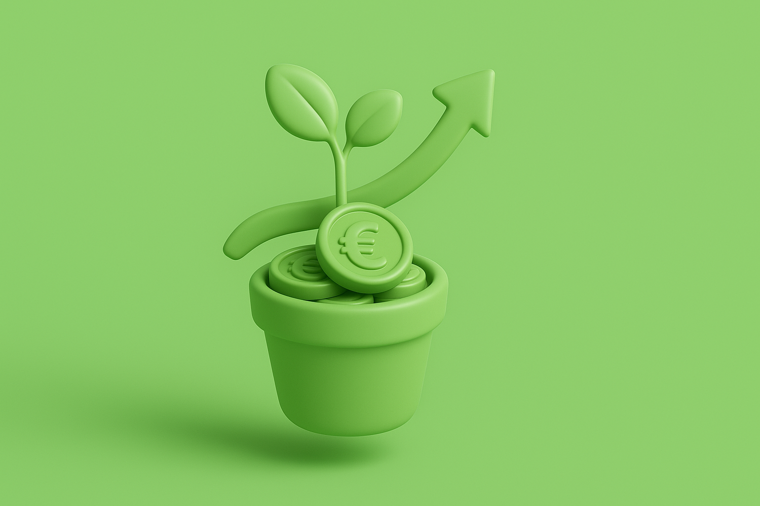 3D-illustratie van een plantje dat groeit uit een bloempot vol euromunten, met een stijgende pijl erachter