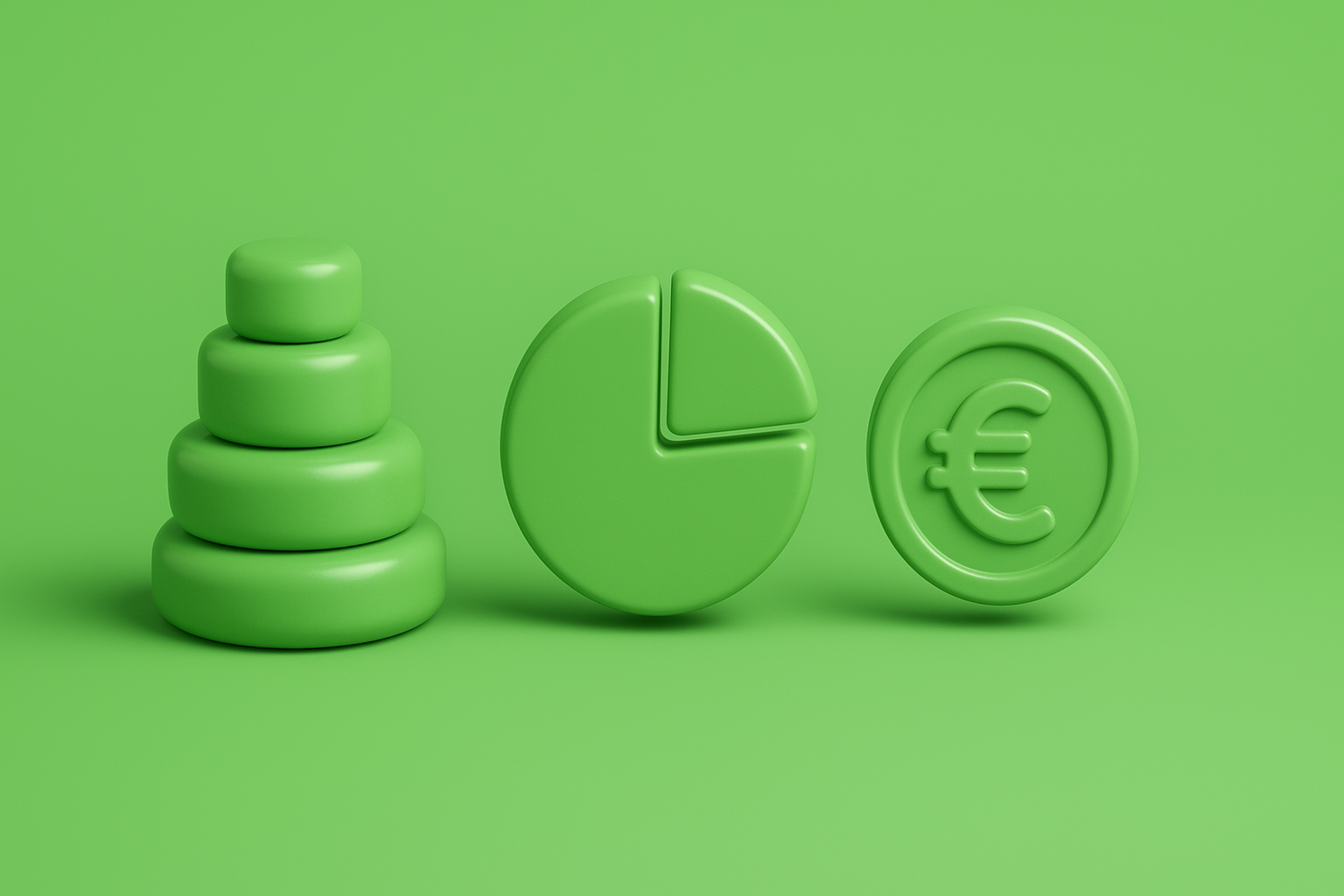 3D-illustratie van de kostenopbouw van een website: gestapelde blokken in aflopende grootte, een taartdiagram en een euromunt