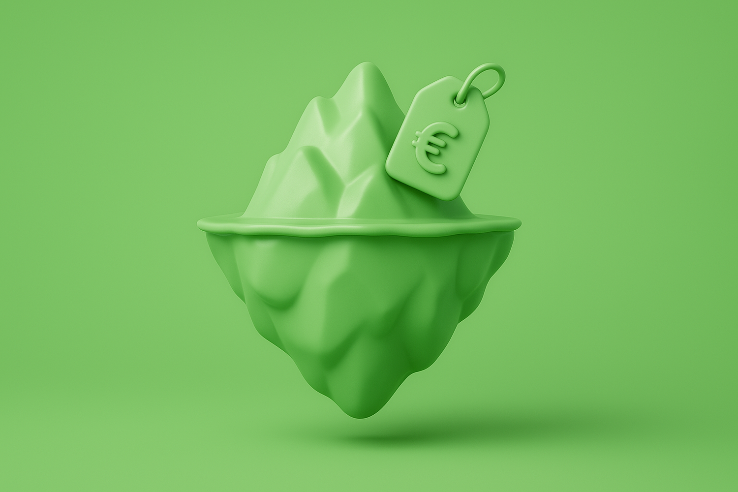 3D-illustratie van een ijsberg met een prijskaartje op de top: het grootste deel van de websitekosten zit onder de waterlijn